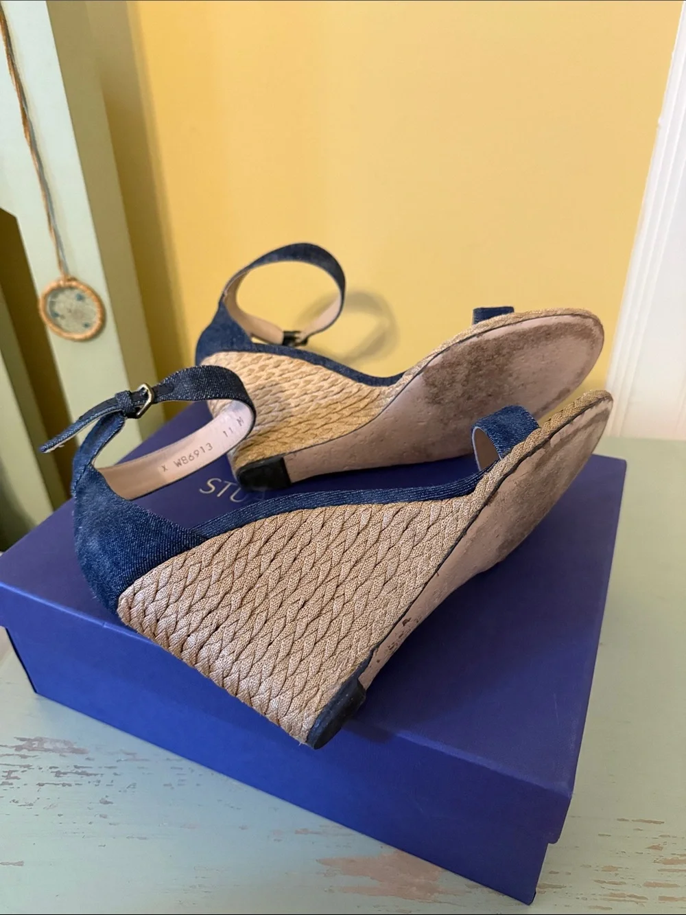 Stuart Weitzman Back up Wedge Navy Antique Denim Ankle Strap Heel - Picture 6 of 6